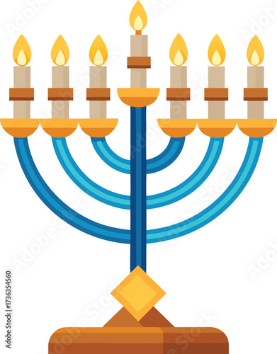 A Flat Design Illustration of a Hanukkah Menorah with Lit Candles