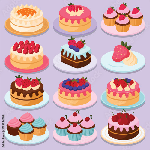 Stock photos websites often feature vector illustrations of a set of sweet desserts like cakes and cupcakes with cream and fruit for birthday parties