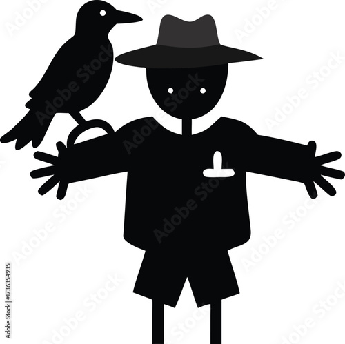 A minimalistic monochrome depiction of a scarecrow with a crow on its shoulder