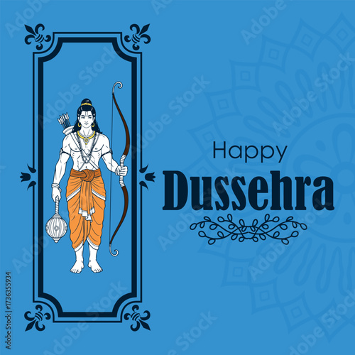 Elegant vector illustration for Happy Dussehra featuring a framed depiction of Lord Rama holding his bow, arrow, and a mace, against a decorative blue background.
