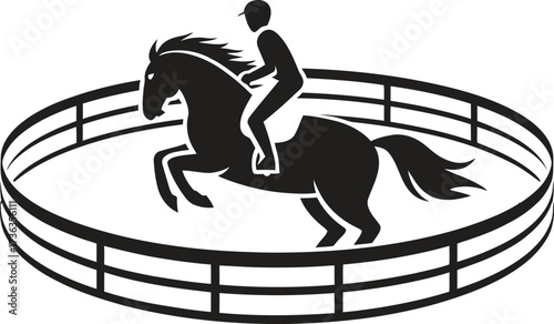 Silhouette of a rider on a rearing horse in a round pen
