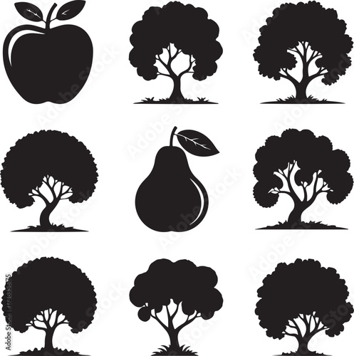 Apple pear and trees silhouettes fruit