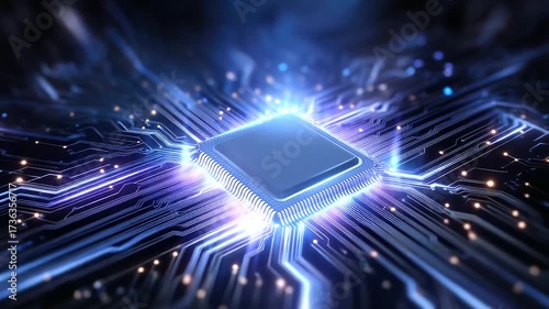 A glowing AI microprocessor with intricate neon blue and purple circuitry, representing the advanced computational core that drives modern artificial intelligence technologies