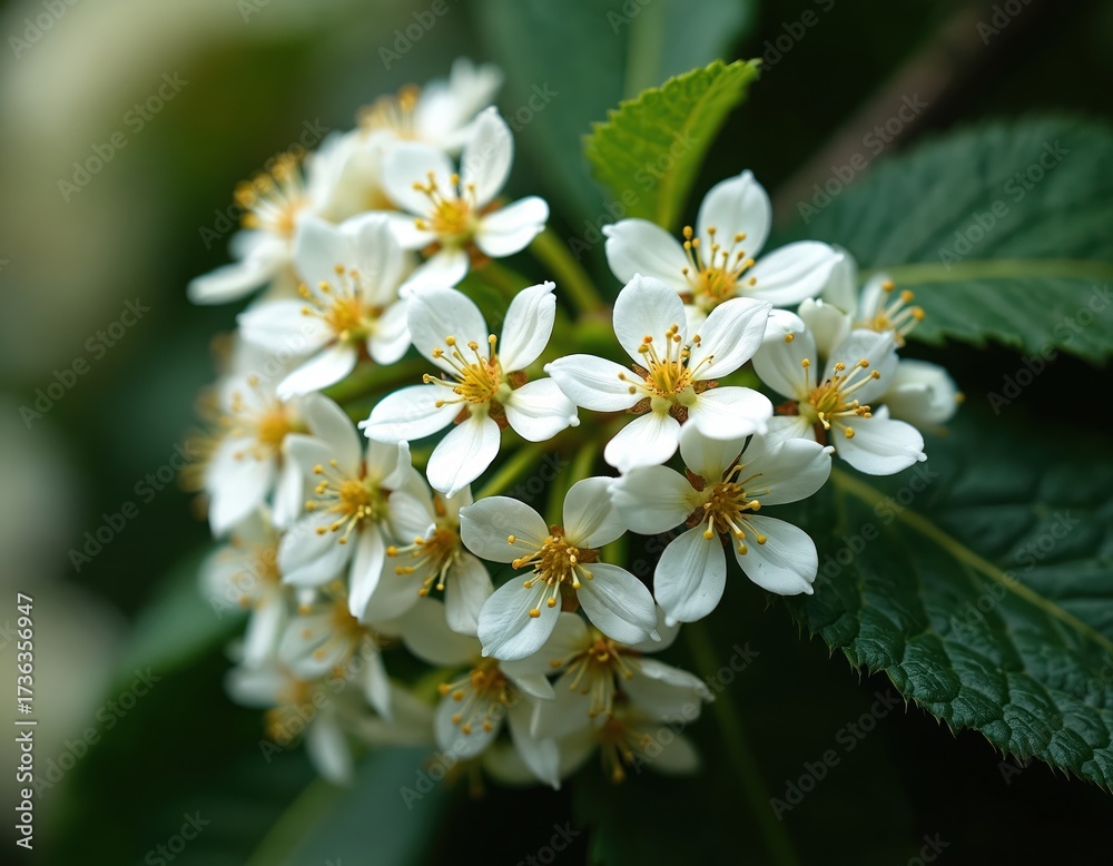 Fototapeta premium Close up of viburnum bubblegum flowers blooming. White petals surround yellow stamens. Green leaves provide backdrop. Floral springtime plant fresh, bright. Detail shows botanical beauty of nature.