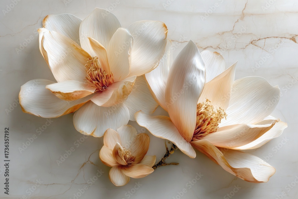 Fototapeta premium Delicate magnolias in soft, muted tones, arranged on a light marble surface, showcasing intricate details and subtle color variations.