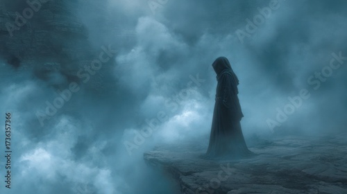 Mysterious hooded figure on a dark, misty cliff edge looking over a foggy abyss, solitary and contemplative atmospheric scene.