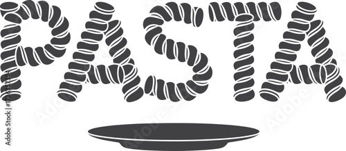 The word pasta spelled out with rope and a plate below