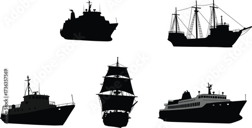 Collection of six ship silhouettes including naval, sailing, cargo, fishing, patrol, and passenger vessels for maritime vector illustration design"