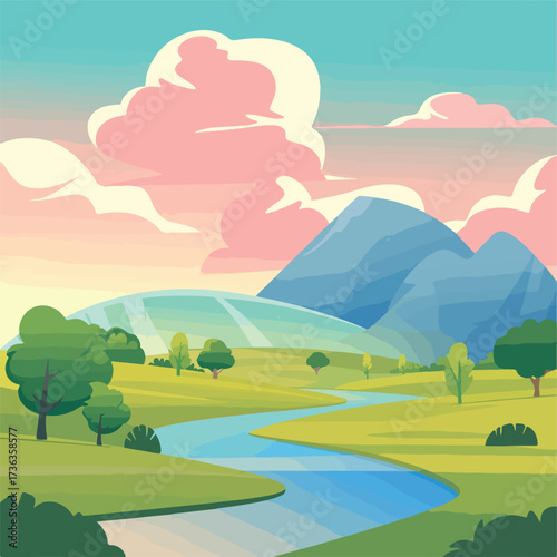 Mountain landscape illustration with green trees, blue sky, and summer sun