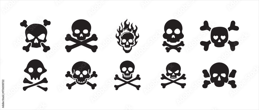 Fototapeta premium Black skull and crossbones warning symbol within a triangle danger, minimalist warning signs, safety labels,