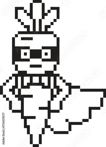 Pixel art superhero carrot character with mask and cape