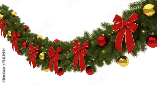 Festive christmas garland decoration with red bows and ornaments for holiday celebration