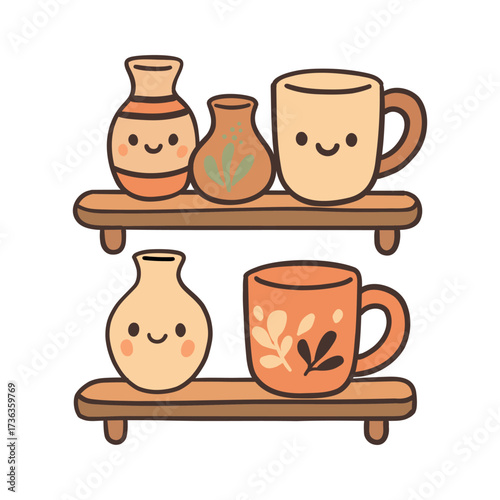 Kawaii doodle vector illustration of shelves with painted clay jugs and cups with cute faces. Cozy handmade pottery in pastel colors, decorative cartoon style.
