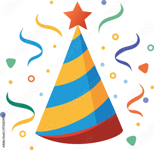 Colorful party hat with confetti streamers vector illustration on white background