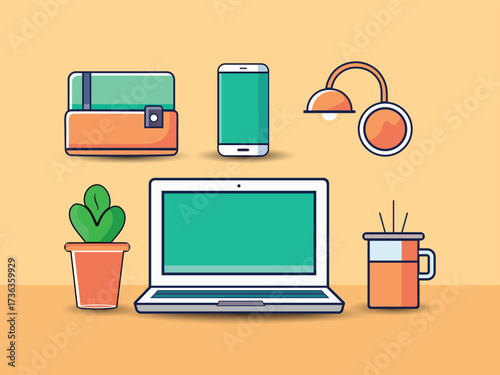 Modern Home Office Desk with Laptop, Smartphone & Coffee – Flat Vector Illustration
