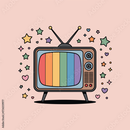 A colorful vector retro TV set with an antenna and blank screen offers vintage broadcasting technology for entertainment