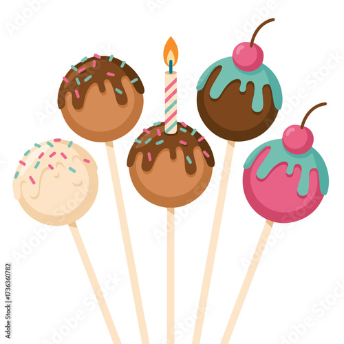 Vector illustration of a sweet birthday cake and cupcakes set for a happy celebration party with pink cream and candles