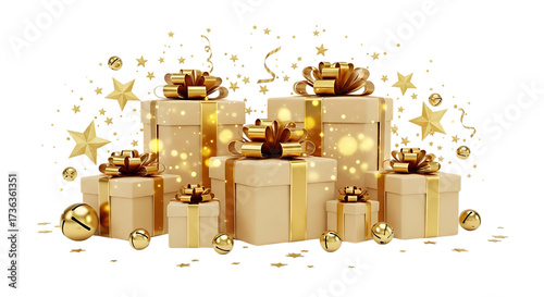 Festive golden gift boxes stacked high surrounded by twinkling stars and ornaments
