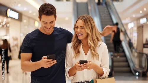 Happy couple shopping and texting in a mall