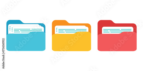 Computer file folder icons set. Blue, red, yellow document folders. Office folder icons with documents. Folders for reports and important documents. Vector illustration.