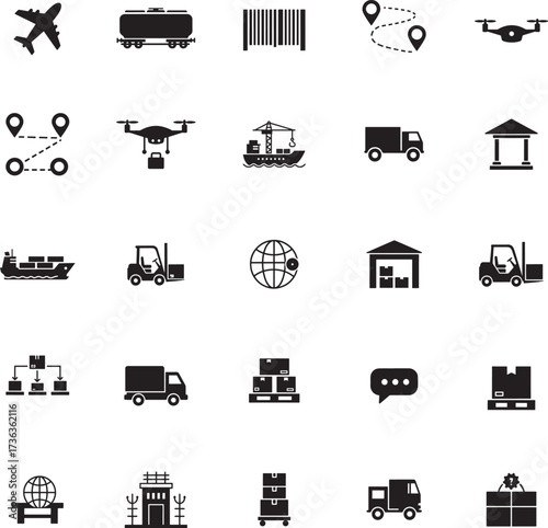 Global Logistics and Supply Chain Icons Silhouette Set