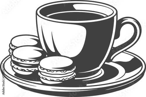 Black and white illustration of a coffee cup with macarons on a saucer