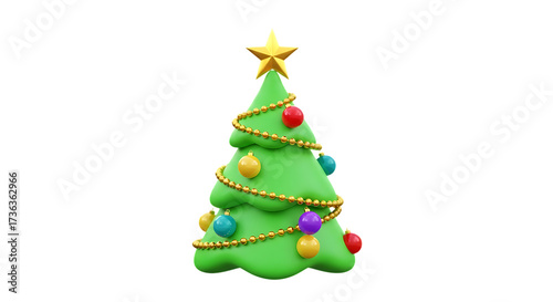 Festive green christmas tree with golden star and colorful ornaments perfect for holiday celebrations