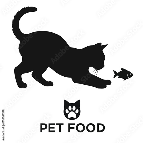 Black Cat Silhouette Chasing Fish with Pet Food Logo