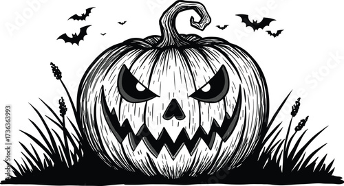 Scary Halloween pumpkin illustration with evil face and flying bats, spooky jack o lantern design in black and white vector
