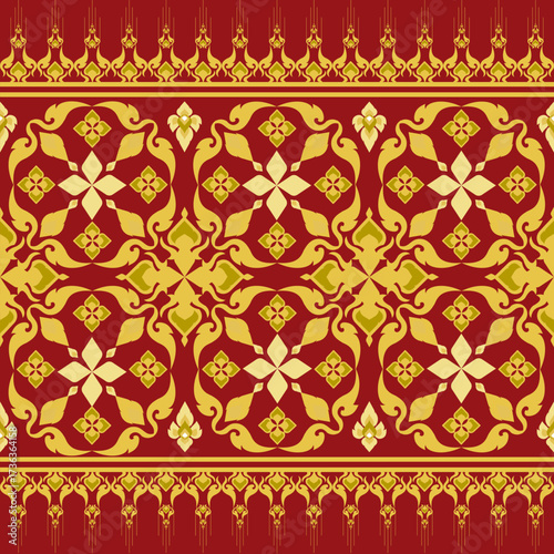 Elegant crimson red and gold Thai ornamental pattern, perfect for fabric, wallpaper, temple art, luxury packaging, invitations, and cultural design projects.