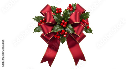 Elegant red christmas bow with holly berries festive decoration for gifts and wreaths