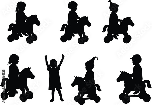 Kids silhouette, children riding toy horse, playtime fun, childhood activity, toy riding, happy children, play, entertainment, joy, leisure illustration