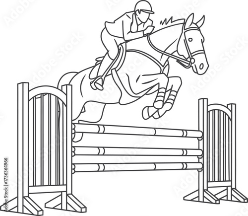Equestrian jumping horse over obstacle line art illustration