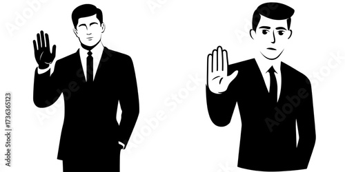 The concept of body language and emotion is illustrated through a cartoon drawing of a young businessman, who is shown with his palm facing outward in a stop or rejection gesture, presented in a