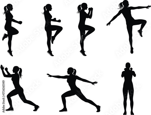 Fitness woman silhouette, workout exercise poses, aerobic training, stretching, cardio workout, strength training, active lifestyle, body movement, sport illustration, gym