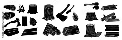A cartoon modern illustration features isolated design elements such as a set of woods, wooden logs, flat slices, axe in stump, cut tree trunk, pine cone, rectangular log pieces, manufactured planks