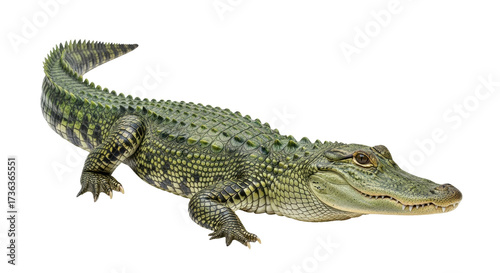 Foto Isolated American alligator resting calmly, a formidable reptile, scales and tex