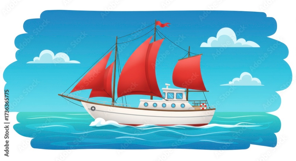 Fototapeta premium Illustration of a sailboat with red sails navigating ocean waters beneath a blue sky and clouds