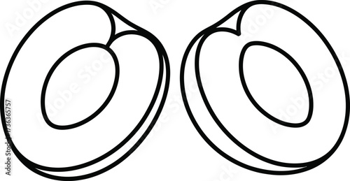 Two halves of a plum shown in a simple line drawing illustration