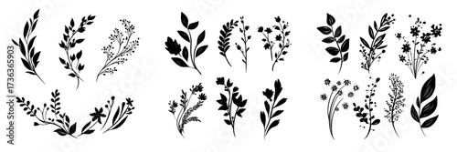 A set of elegant wildflowers and a corresponding logo are showcased in a trendy, hand-drawn design, incorporating line leaves, branches, and blooming flowers, ideal for wedding invitations and save