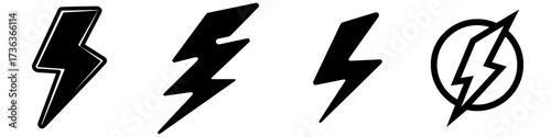 Icon representing flash thunder power, including a lightning bolt with a thunder bolt, symbolizing electric power and energy, available in various styles such as filled, thin, line, outline, and
