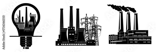 A modern industrial factory or plant is depicted producing electricity or energy power in a flat illustration isolated on a white background
