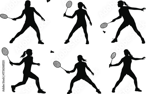 Badminton player silhouette, women playing badminton, shuttlecock action poses, racket sports training, athletic competition, fitness exercise, outdoor recreation, game activity illustration