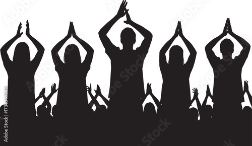 Silhouette crowd clapping, raised arms, unity in motion, celebration energy, expressive gesture, public gathering, cheering people, night event, support scene, applause moment