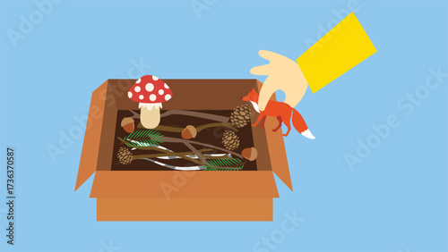 Hand picking mushrooms in a wooden box. Vector illustration in flat style