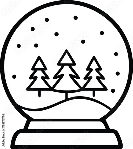 Simple Outline Snow Globe with Evergreen Trees and Falling Snow Design