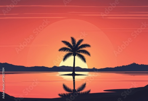 Silhouetted palm on a tiny island at sunset with a reflective ocean horizon