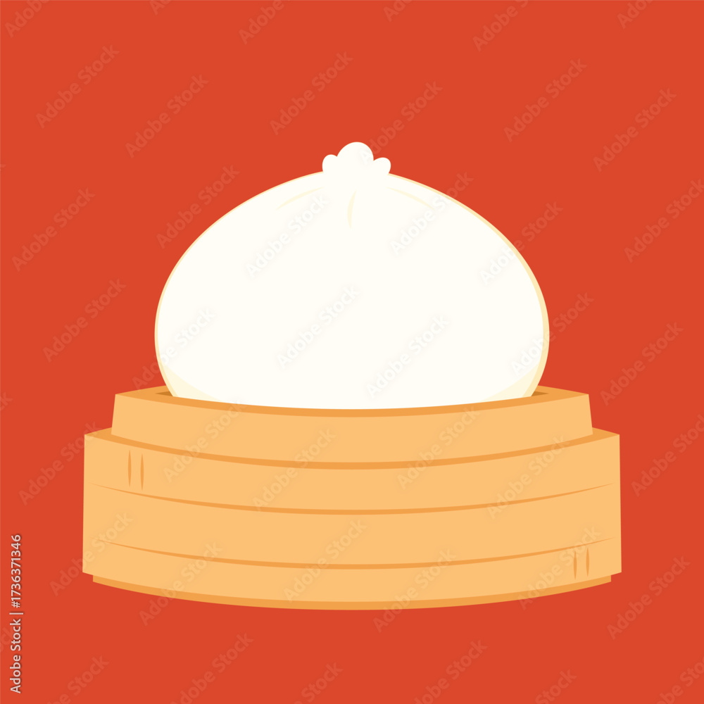 Obraz premium Dim sum, traditional Chinese dumplings, in bamboo steamer basket. Asian food vector illustration. Baozi or bao is Chinese food.