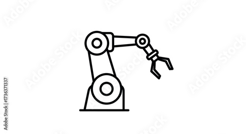 Minimalist line art icon of an industrial robotic arm with an articulated gripper.