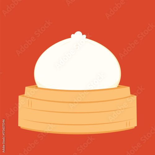Dim sum, traditional Chinese dumplings, in bamboo steamer basket. Asian food vector illustration. Baozi or bao is Chinese food.